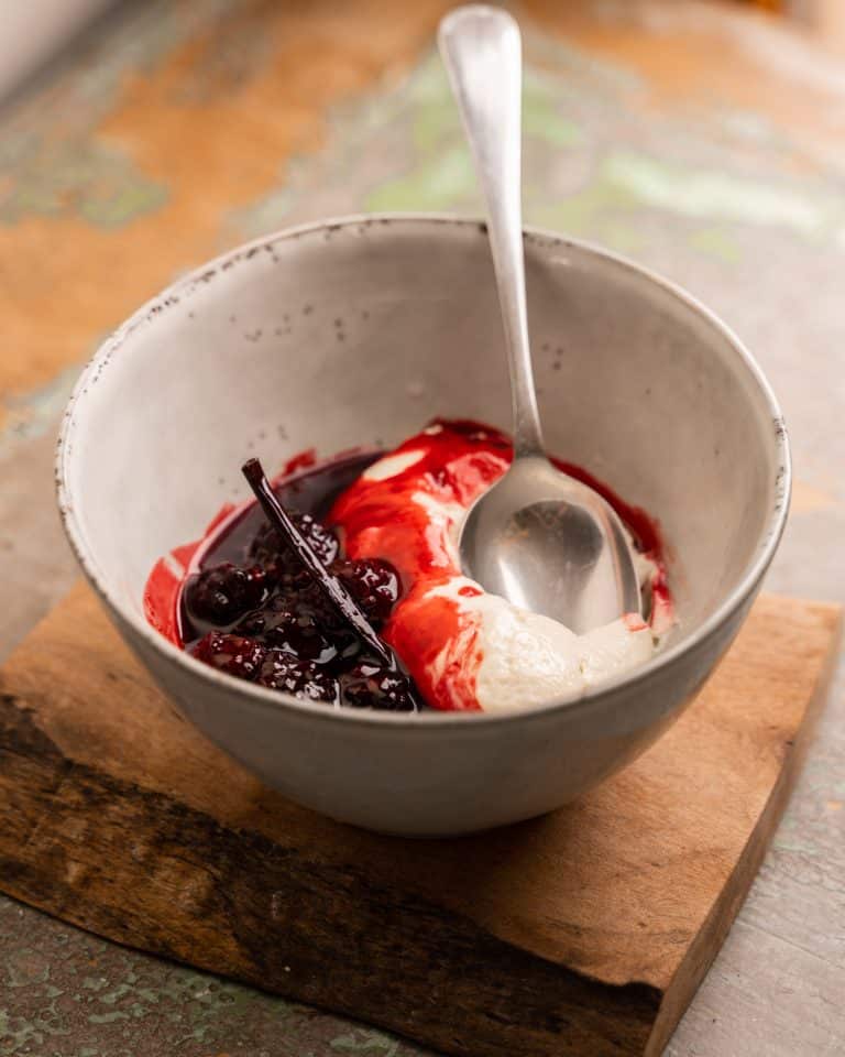 White Chocolate & Crème Fraiche Mousse with poached blackberries - Tom Aikens