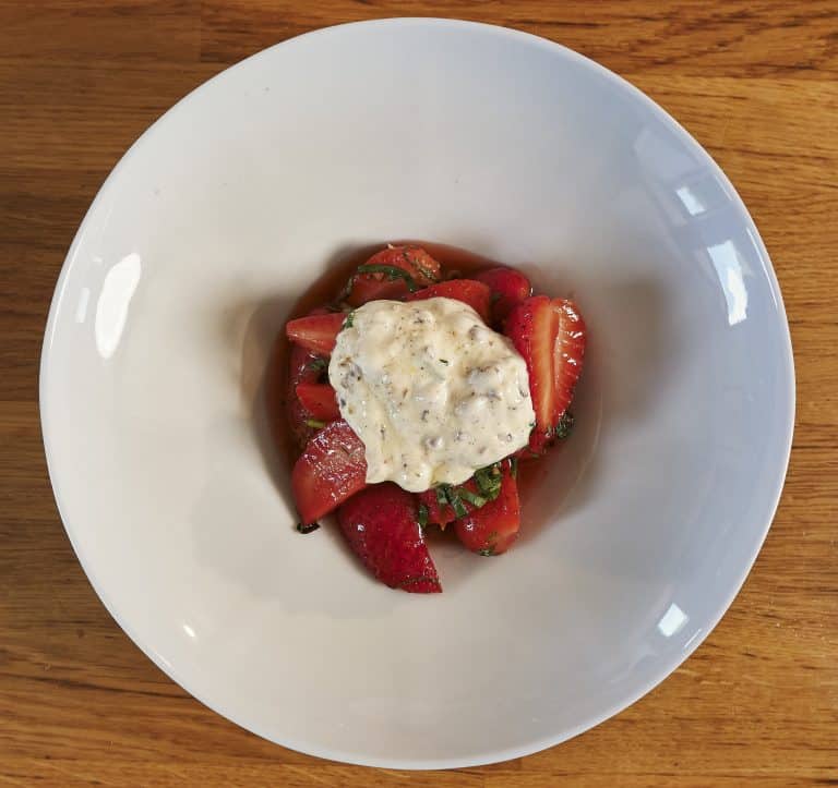 Macerated Strawberries with Fig Leaf Syrup, Crème Fraîche, Toasted Pine Nuts - Tom Aikens
