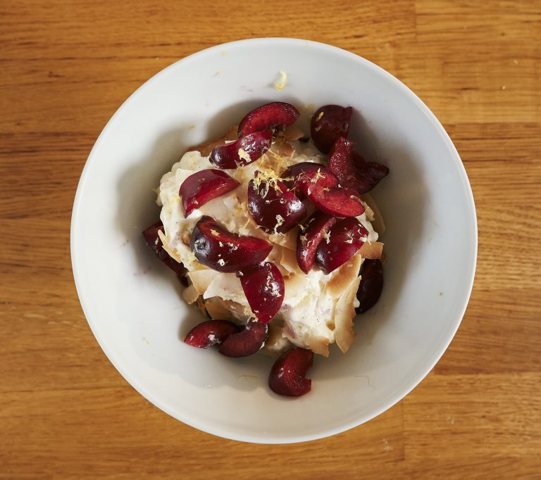 Cold Rice Pudding with Balsamic Cherries, Coconut & Lime - Tom Aikens