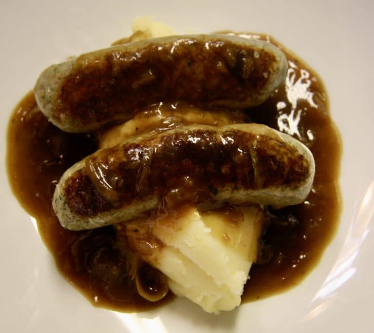 Sausages with Grain Mustard Mash & Onion Gravy - Tom Aikens